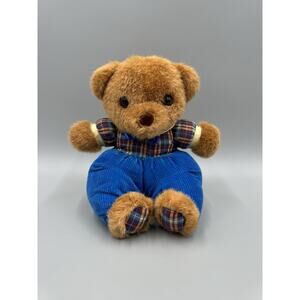 Vintage Dan Dee Teddy Bear Plaid & Blue Corduroy Pants Plush 7” No Tag